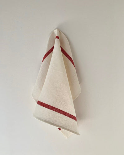 Fog Linen, Japanese Thick Linen Kitchen Towels, Stripe, White/Red- Placewares