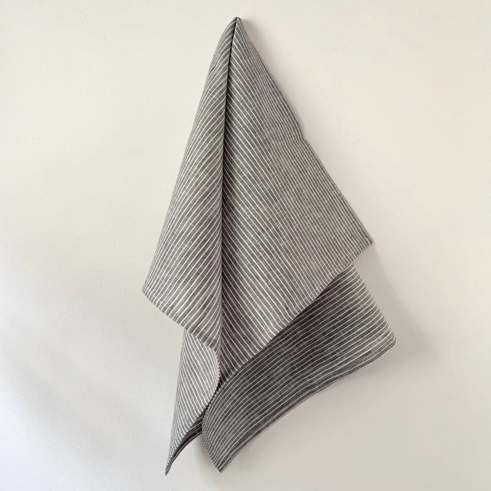 Fog Linen, Japanese Linen Kitchen Towel, grey thin white stripe, - Placewares