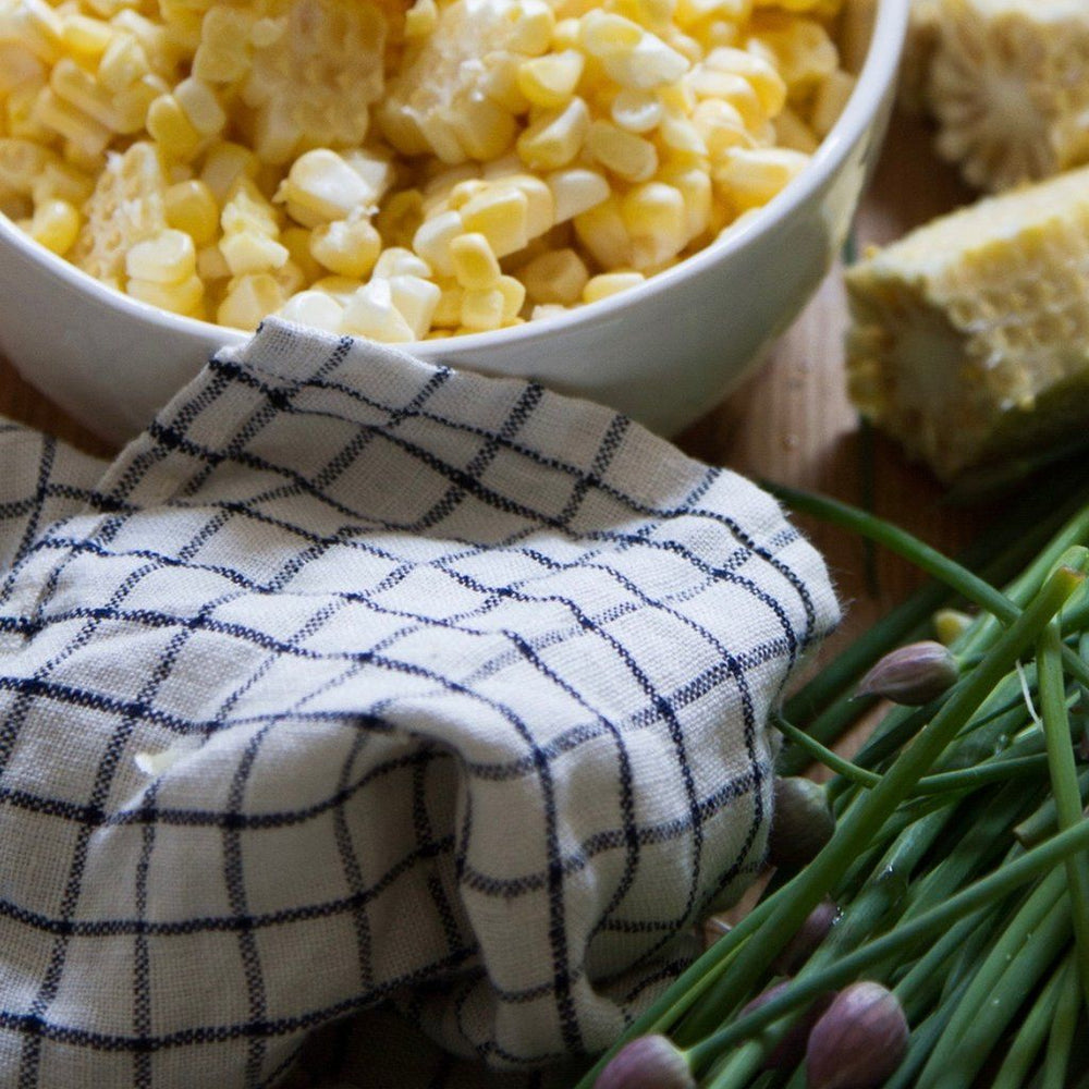 Fog Linen, Japanese Linen Kitchen Towel, ivory & navy grid, - Placewares