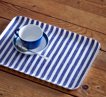 Fog Linen, Japanese Linen Coated Tray, blue and white stripe - assorted sizes, Large- Placewares