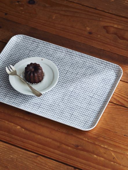 Fog Linen, Japanese Linen Coated Tray, gray houndstooth - assorted sizes, Large- Placewares