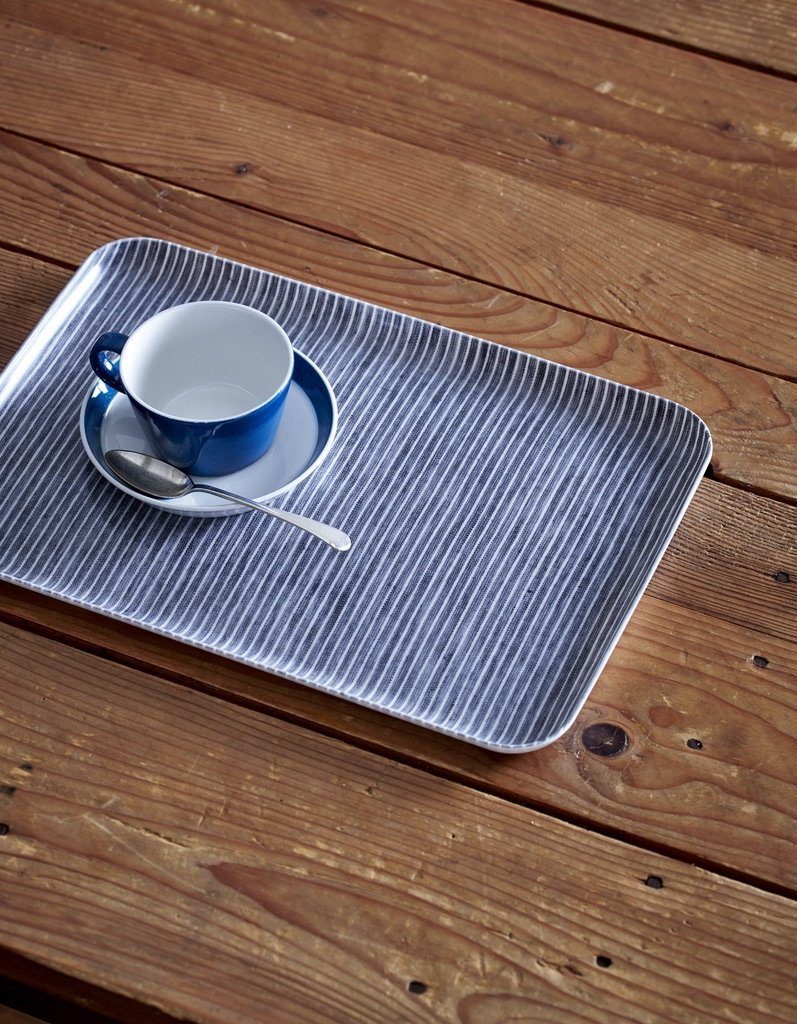 Fog Linen, Japanese Linen Coated Tray, grey and white thin stripe - assorted sizes, Medium- Placewares